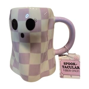 Spooky taculiar purple and white checkered ghost ceramic coffee mug nwt